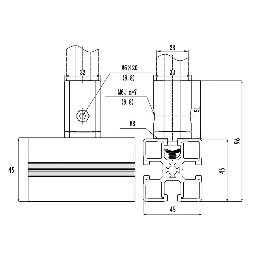 41D-157-3 MODULAR SOLUTION D28 TO SQUARE PROFILE CONNECTOR<BR>CONNECTOR END TO 30 SERIES PROFILE