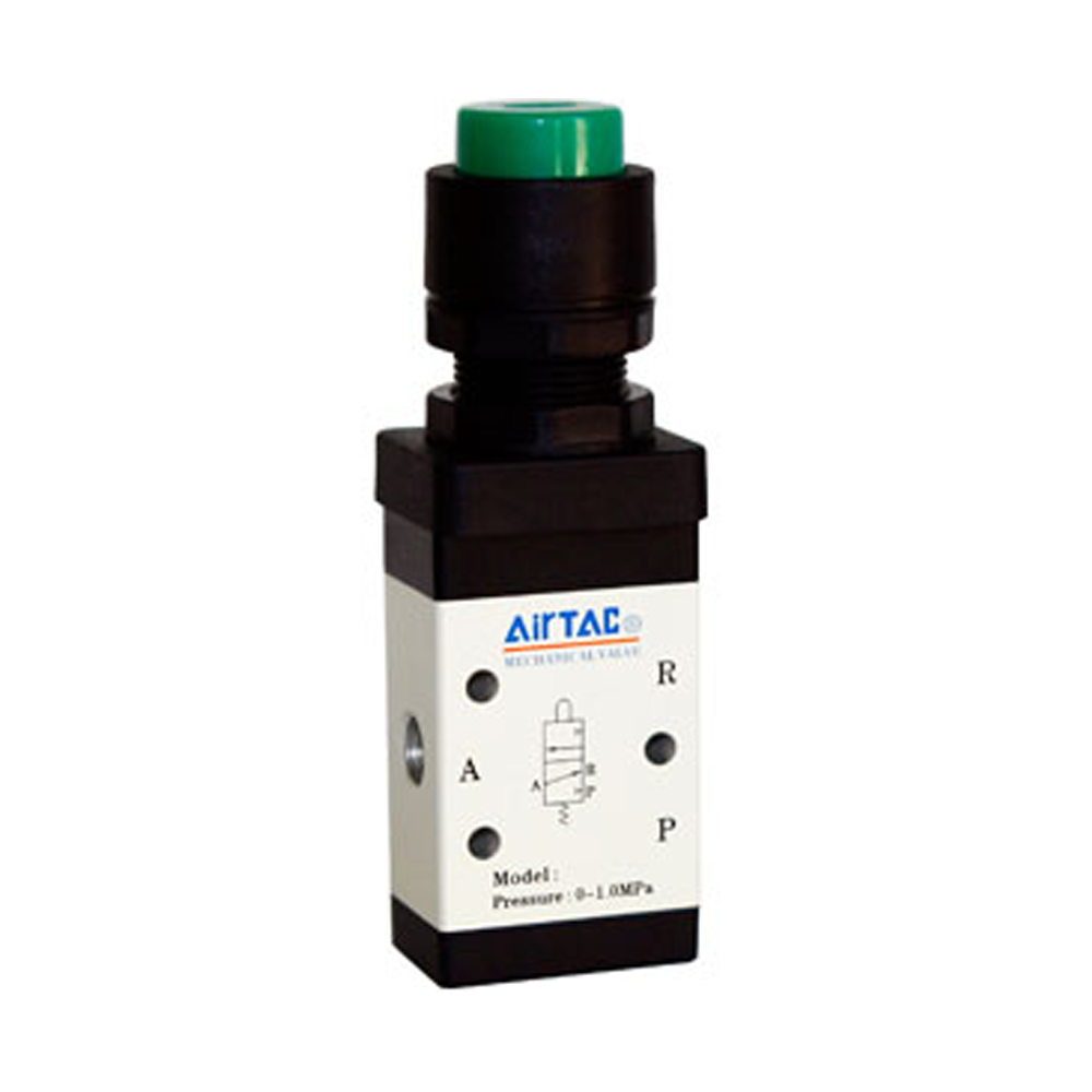 M3PP21008GT AIRTAC MANUAL VALVES, M3 SERIES PROTRUDING TYPE<BR>3 WAY 2 POSITION N.C. , 1/4" NPT PORTS GREEN BUTTON